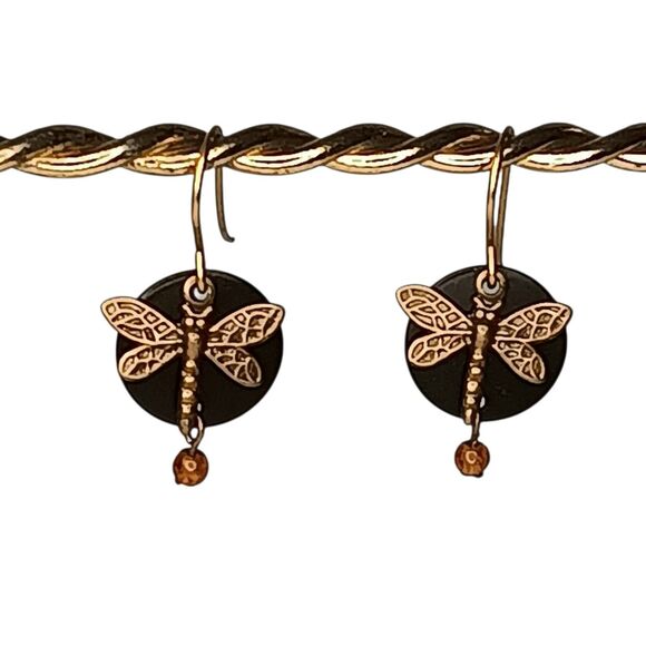 Goldtone Dragonfly Earrings On Black Disc Pierced Dangle Lightweight 1/4 Inch - Picture 1 of 7